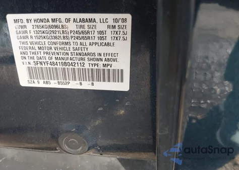 2009 Honda Pilot Ex z USA, uszkodzony, nr VIN 5FNYF48419B042112